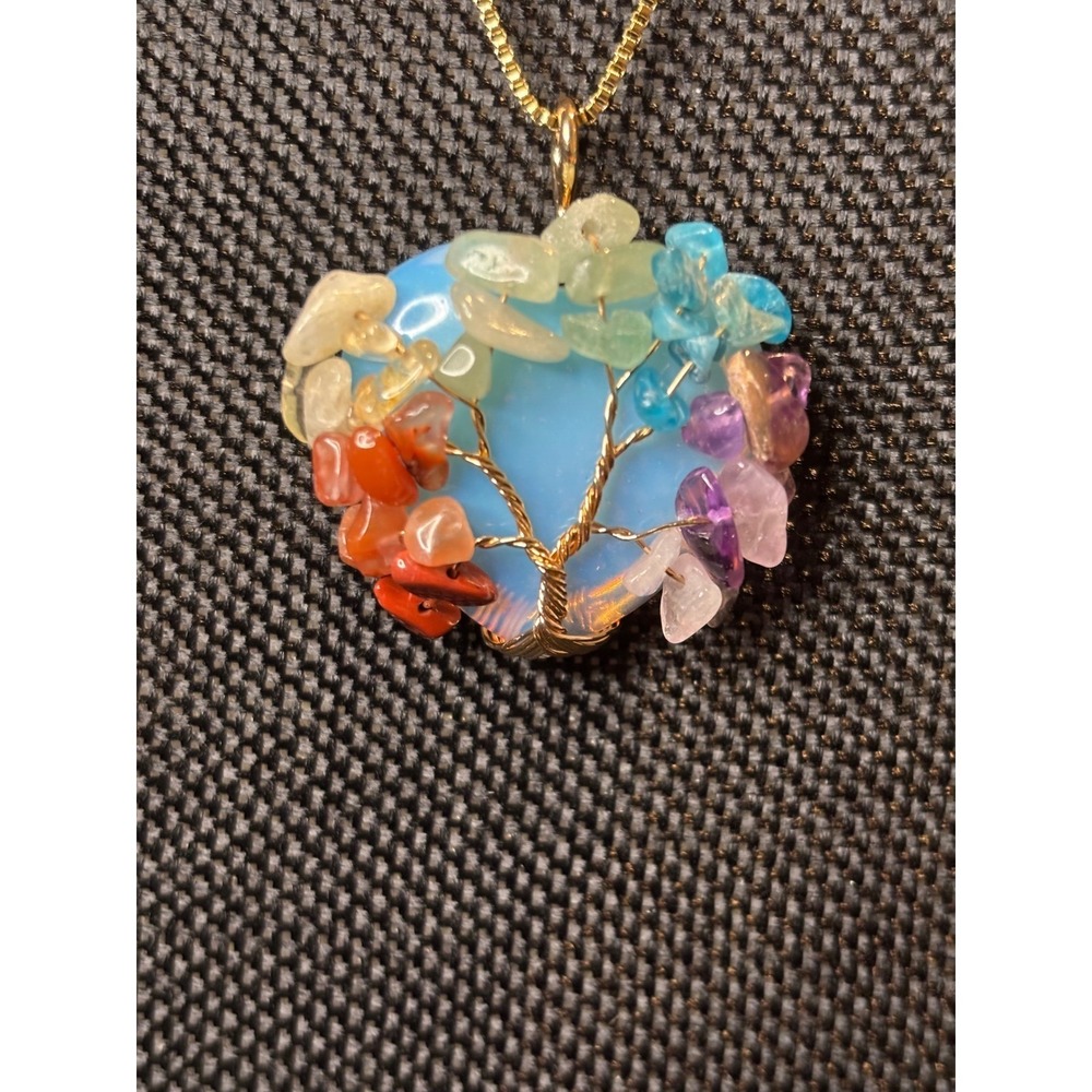 Tree of Life Chakra Heart Pendant Necklace Gold Tone Stainless Steel Box Chain